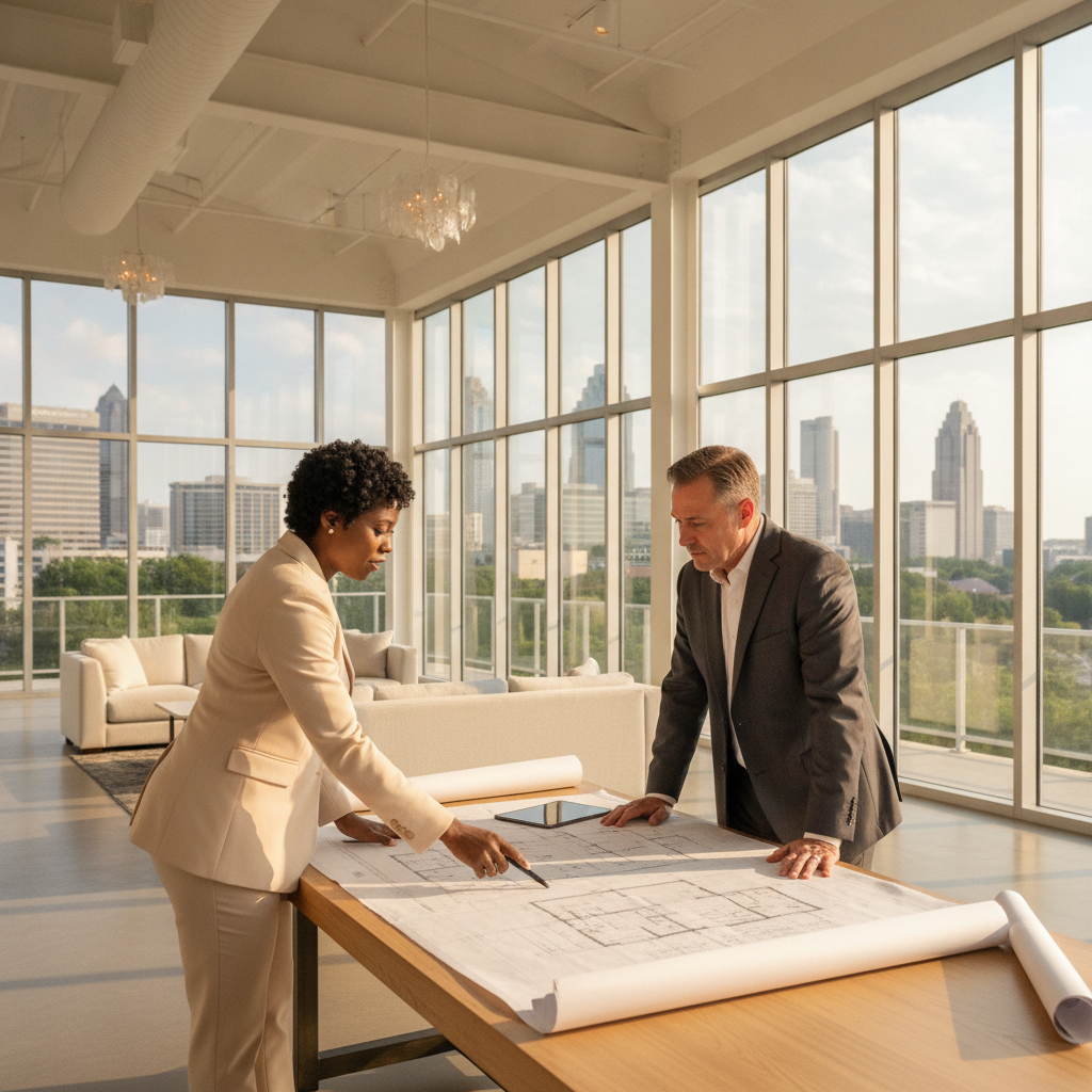 A Black event planner reviews a detailed floor plan with a venue manager inside a modern, airy Atlanta event space, pointing to a section on the blueprint, with large windows overlooking the city. Shot on Canon EOS R5, 35mm lens, natural lighting, editorial photography.