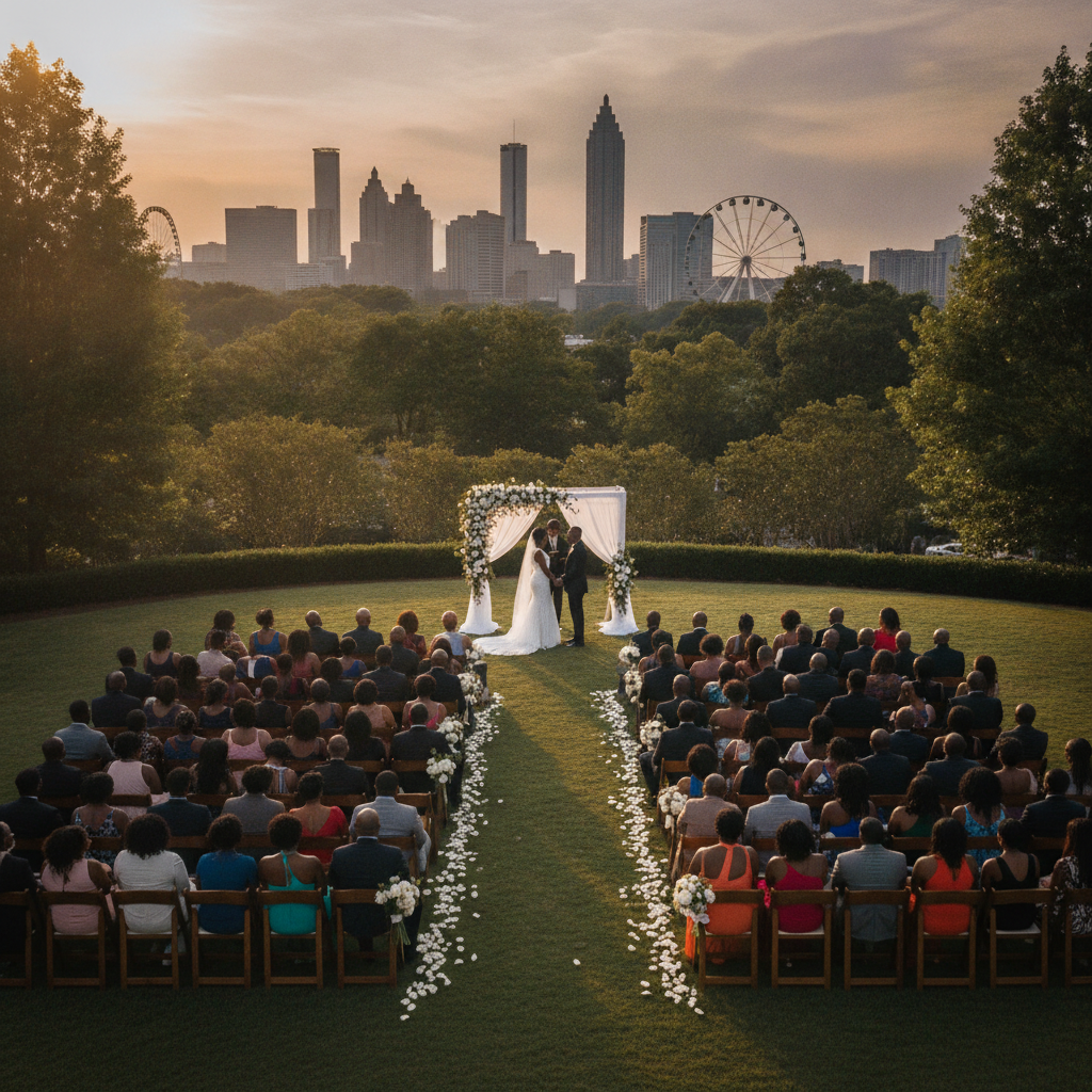 An aerial drone shot captures a beautiful outdoor wedding ceremony with a diverse group of African American guests seated, overlooking the Atlanta skyline in the distance during golden hour. Shot on Canon EOS R5, 35mm lens, natural lighting, editorial photography.