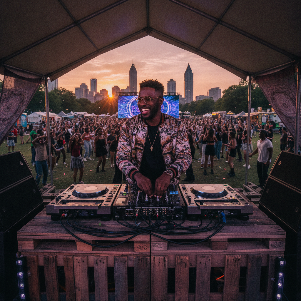 An African American DJ with a stylish haircut and glasses, confidently spinning records on professional turntables at a lively outdoor festival in Piedmont Park, Atlanta. The sun is setting, casting a warm glow on the diverse crowd dancing to the music. Shot on Canon EOS R5, 35mm lens, natural lighting, editorial photography.