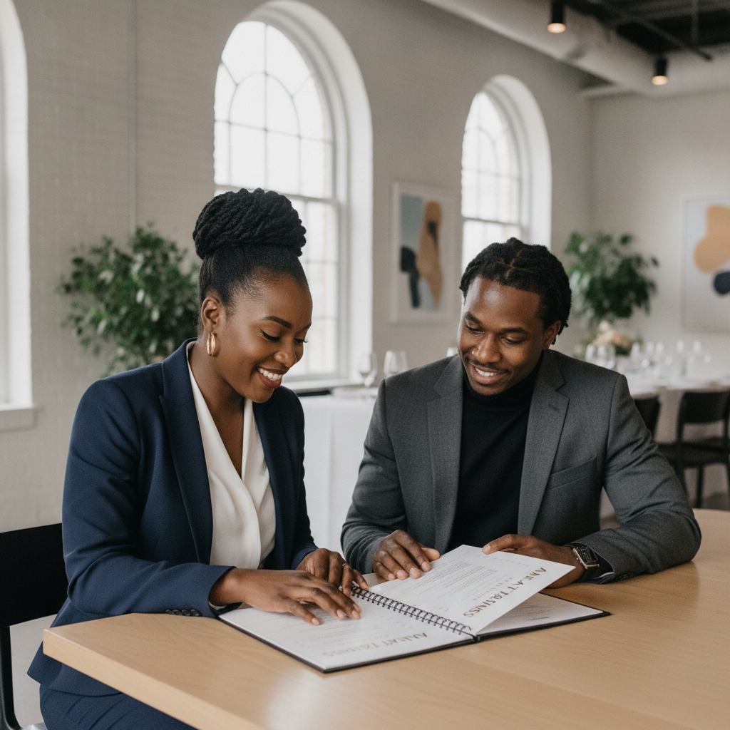 A Black event planner, dressed professionally, is seated across a table from a Black catering manager in a modern, well-lit Atlanta event space, reviewing a menu booklet with a warm, engaged expression. Shot on Canon EOS R5, 35mm lens, natural lighting, editorial photography.