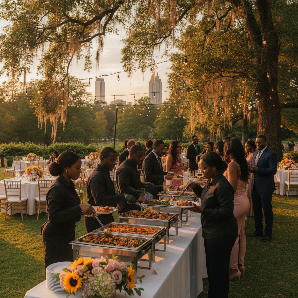 A vibrant outdoor wedding reception in a garden venue in Atlanta's Piedmont Park, featuring elegantly dressed Black guests enjoying a buffet served by smiling Black catering staff. The sun is setting, casting a warm glow. Shot on Canon EOS R5, 35mm lens, natural lighting, editorial photography.