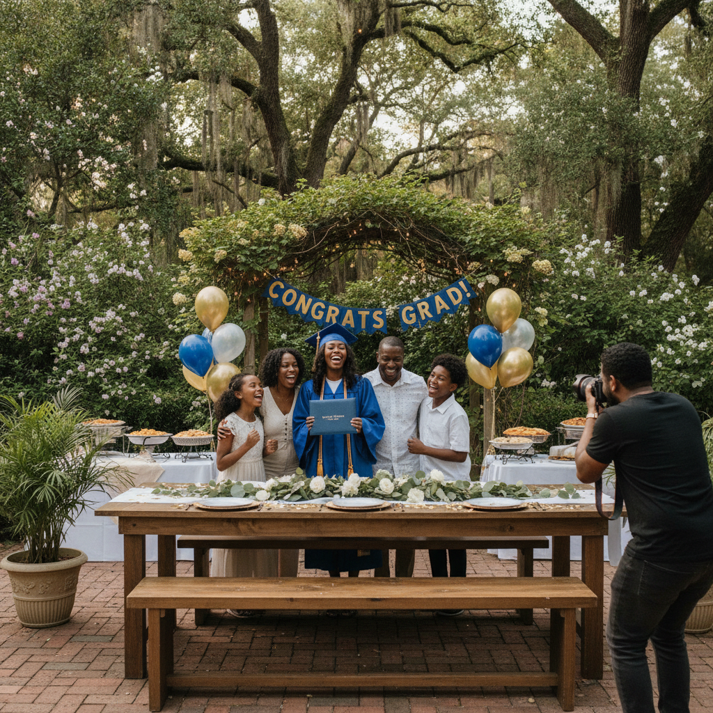 An African American family, including a recent graduate in cap and gown, laughing and celebrating outdoors at a beautifully decorated graduation party in a lush Atlanta backyard, with a professional photographer discreetly capturing the moment. Shot on Canon EOS R5, 35mm lens, natural lighting, editorial photography.
