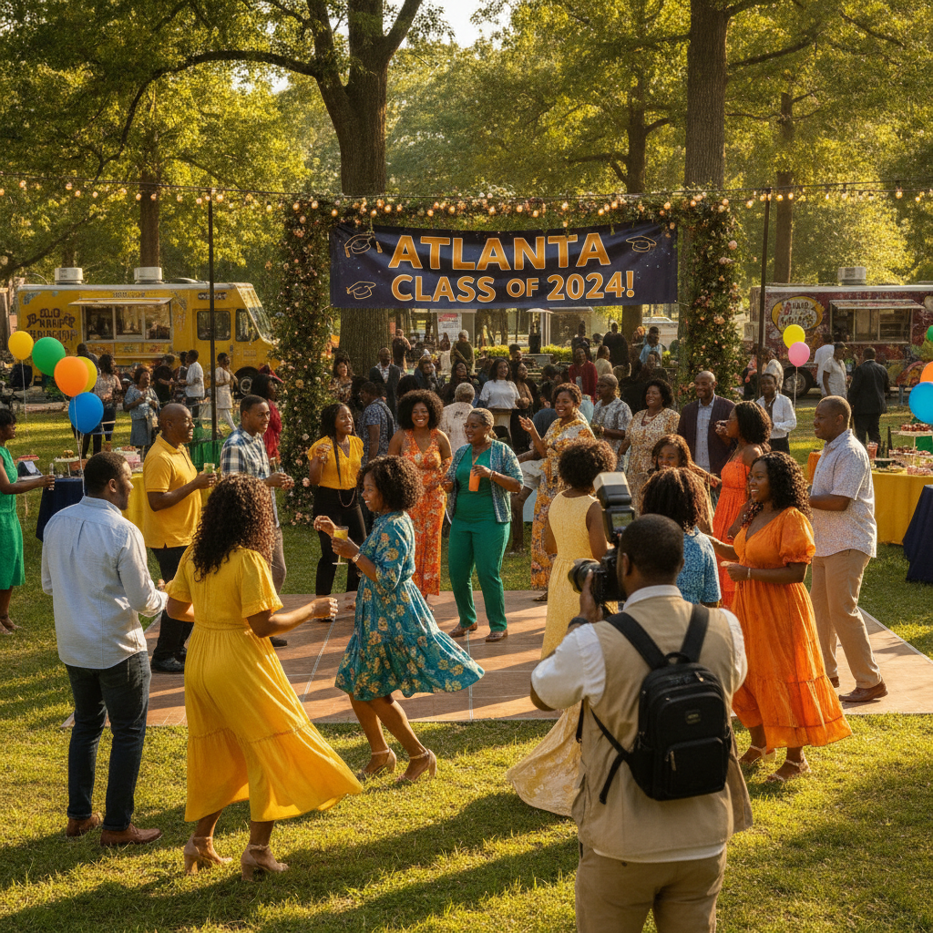 A vibrant outdoor graduation party scene in a lively Atlanta park. Black guests of all ages are dancing and mingling under string lights, with a professional photographer in the background capturing candid shots. Shot on Canon EOS R5, 35mm lens, natural lighting, editorial photography.