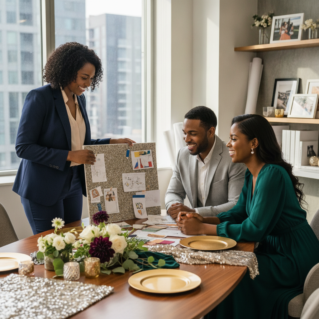 A Black female event planner, dressed professionally, smiling warmly while reviewing a mood board with an African American couple. They are seated at a stylish table in a modern office, surrounded by fabric swatches, floral arrangements, and event decor samples. Shot on Canon EOS R5, 35mm lens, natural lighting, editorial photography.