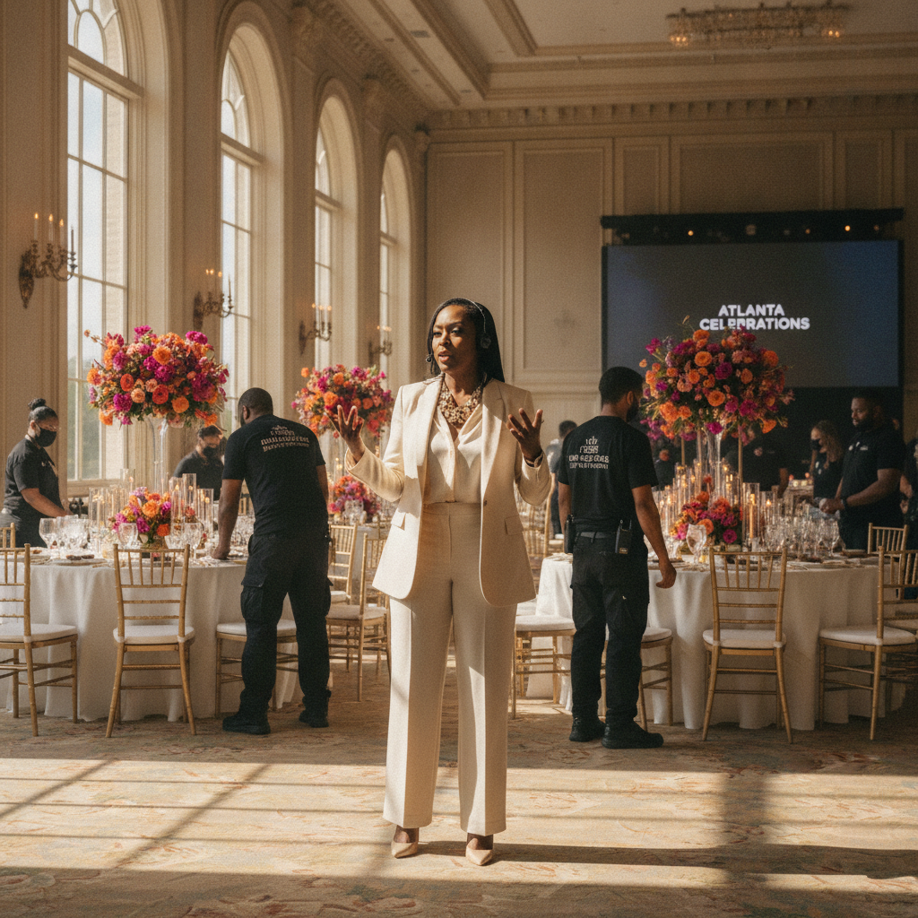 An African American event planner, mid-30s, dressed in a chic pantsuit, confidently directing a team of setup crew at a beautifully decorated event space in Atlanta. Sunlight streams through large windows, illuminating vibrant floral arrangements and elegant table settings. Shot on Canon EOS R5, 35mm lens, natural lighting, editorial photography.