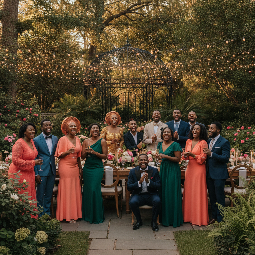 A diverse group of African American and Afro-Caribbean guests laughing and celebrating at an elegantly decorated outdoor reception in a lush Atlanta garden, string lights overhead. The atmosphere is joyous and vibrant. Shot on Canon EOS R5, 35mm lens, natural lighting, editorial photography.