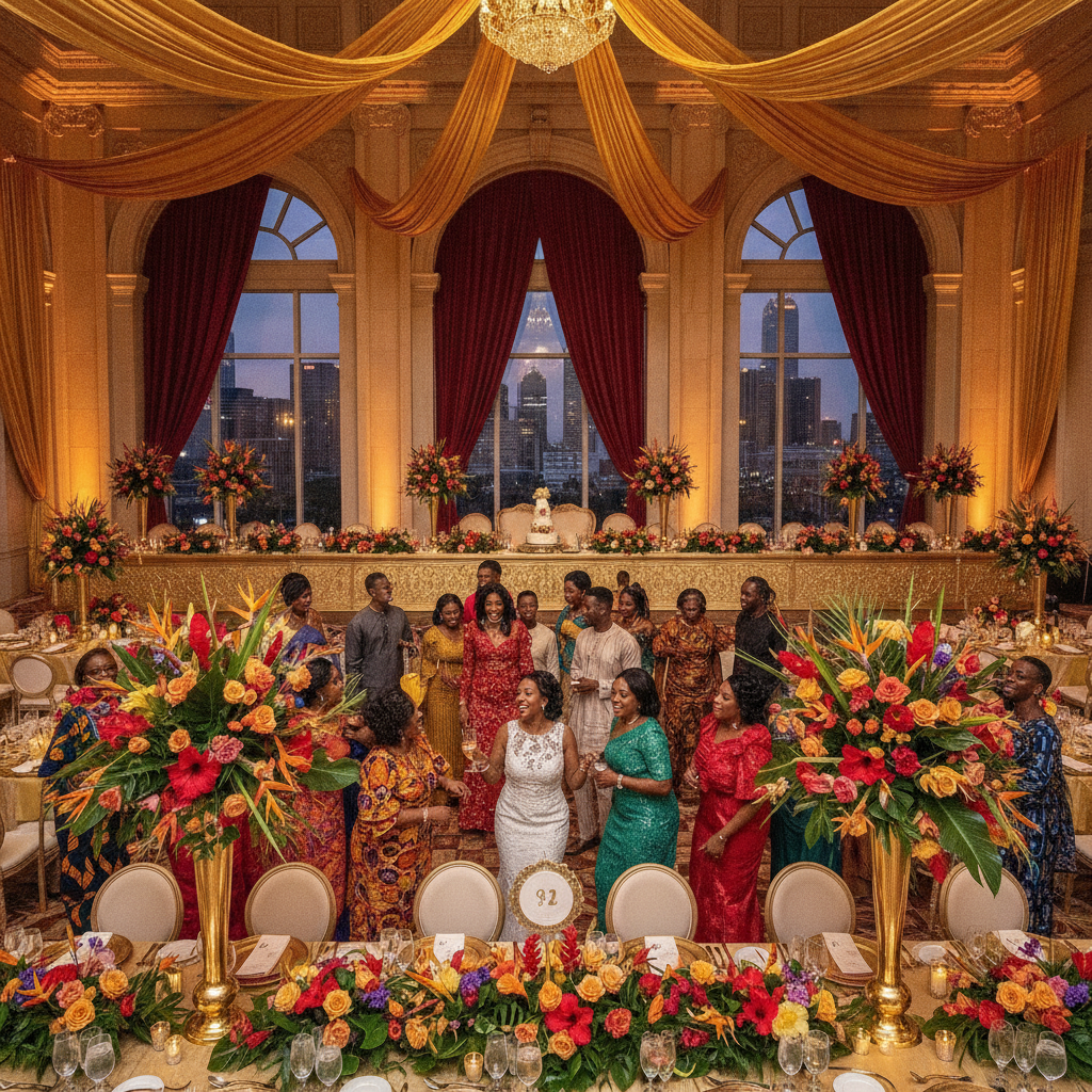 A vibrant African American wedding reception hall in Atlanta, featuring elaborate gold and red kente cloth drapes, lush floral centerpieces with tropical flowers, and elegant uplighting. The room is filled with guests in traditional attire, laughing and celebrating. Shot on Canon EOS R5, 35mm lens, natural lighting, editorial photography.