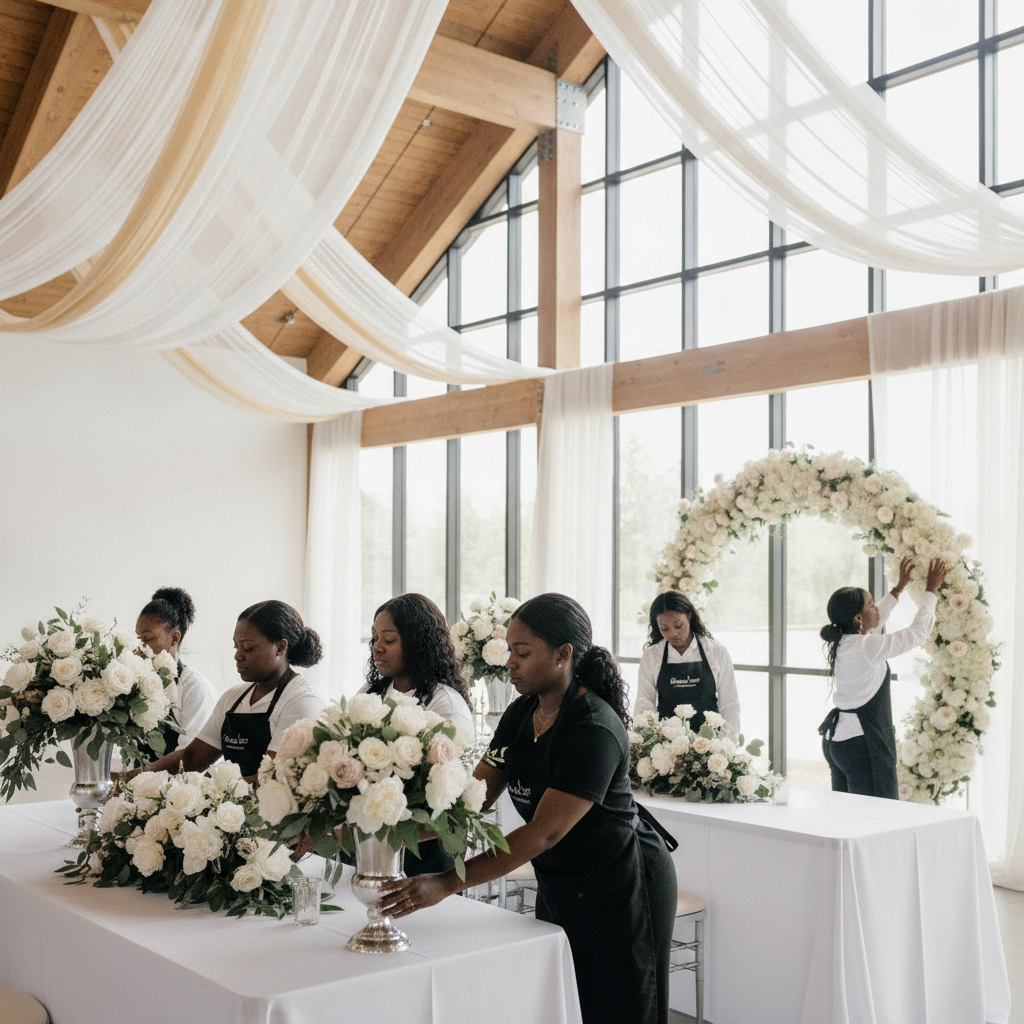 A team of Black event decorators meticulously arranging floral centerpieces and draping fabric inside a spacious, modern Atlanta event venue with high ceilings and large windows, preparing for a wedding. They are focused and coordinated. Shot on Canon EOS R5, 35mm lens, natural lighting, editorial photography.