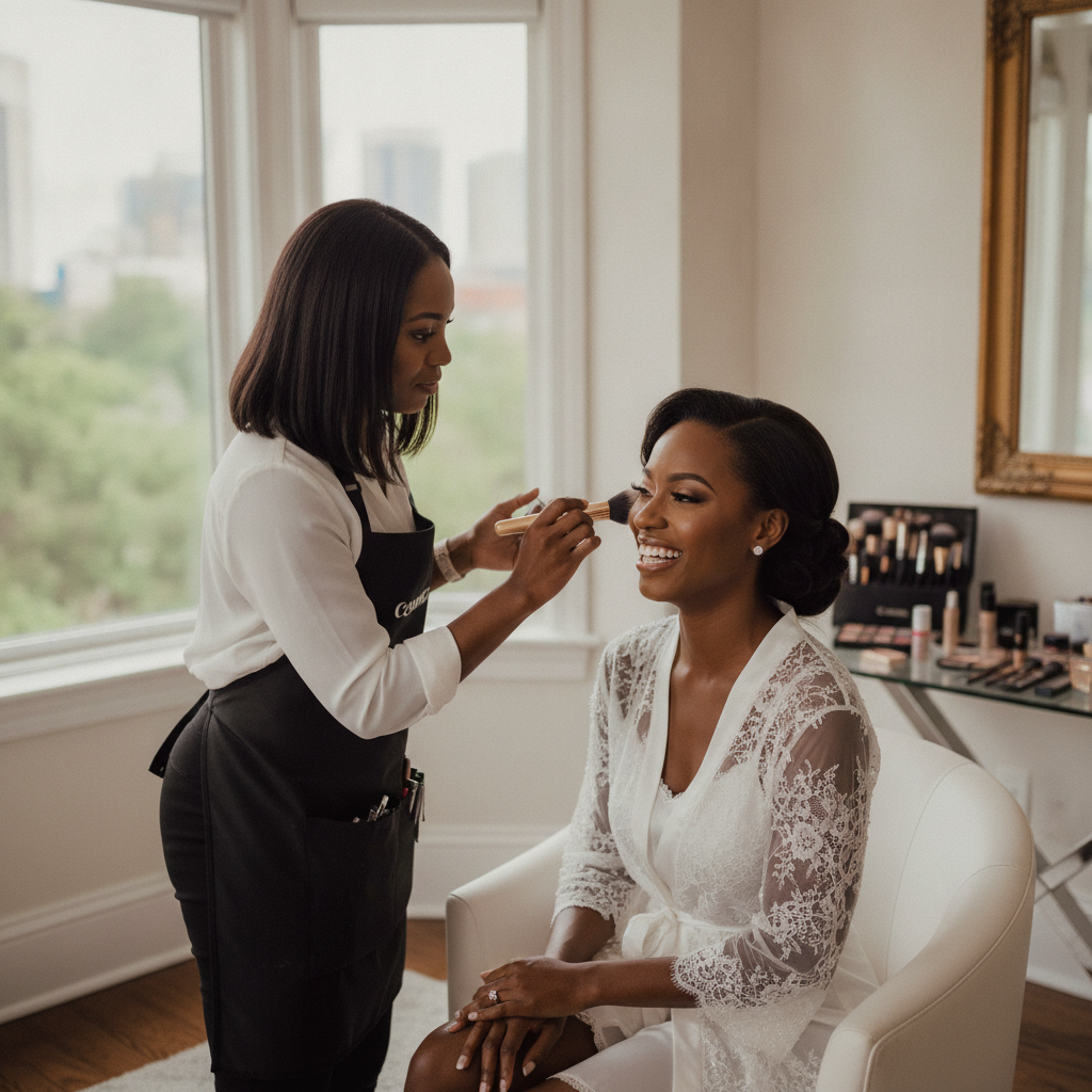 A Black bride with flawless, radiant makeup, smiling genuinely as a professional African American makeup artist applies a finishing touch with a brush. The scene is set in a light-filled bridal suite in Atlanta, with soft natural light streaming through a window. Shot on Canon EOS R5, 35mm lens, natural lighting, editorial photography.