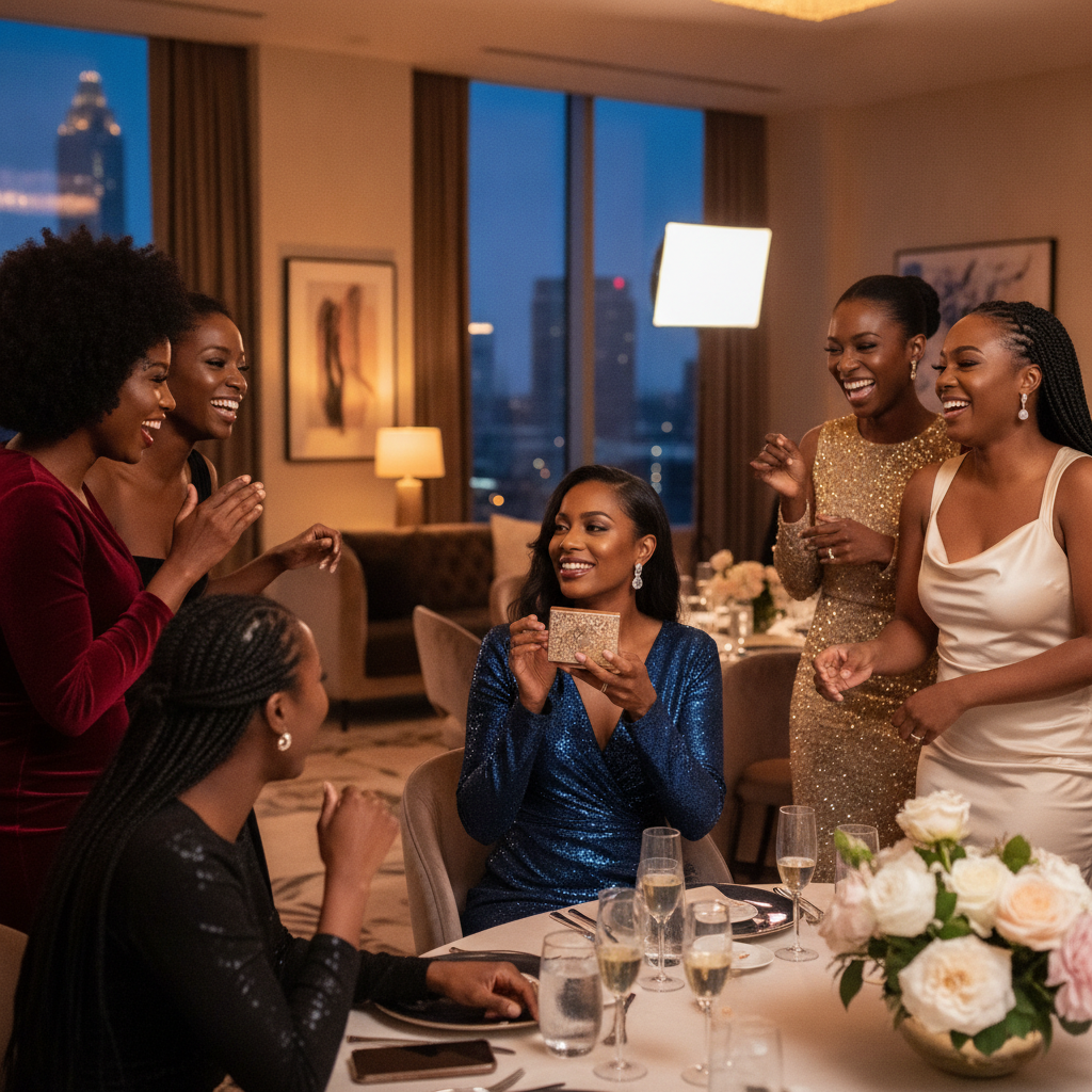 A diverse group of Black women, elegantly dressed, laughing and interacting at an upscale event in a chic Atlanta venue. One woman is subtly checking her makeup in a compact mirror, showcasing refined evening glam. Shot on Canon EOS R5, 35mm lens, soft indoor lighting, editorial photography.