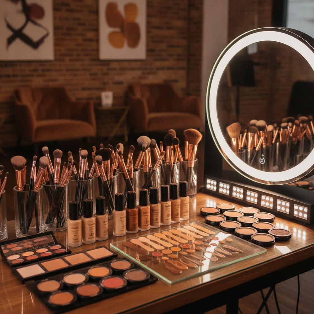 A professional African American makeup artist's meticulously organized workstation, featuring high-quality brushes, a diverse range of foundation shades for various skin tones, and professional lighting. The background is a blurred, elegant Atlanta studio setting. Shot on Canon EOS R5, 50mm lens, studio lighting, editorial photography.