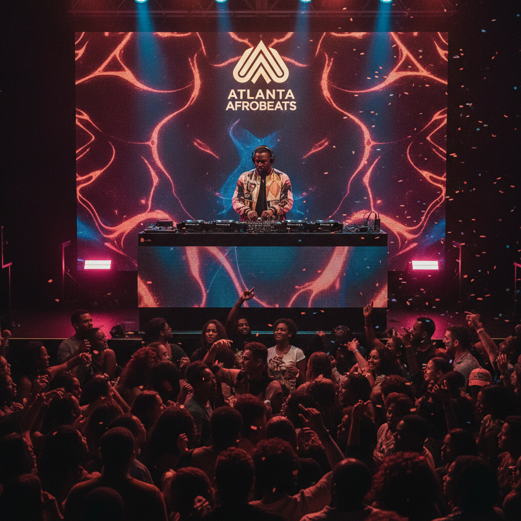 A vibrant, high-energy scene at an indoor event in Atlanta, with an African American DJ skillfully mixing Afrobeats music on a professional setup, illuminated by dynamic stage lights. The crowd on the dance floor is visibly enjoying themselves, dancing energetically.