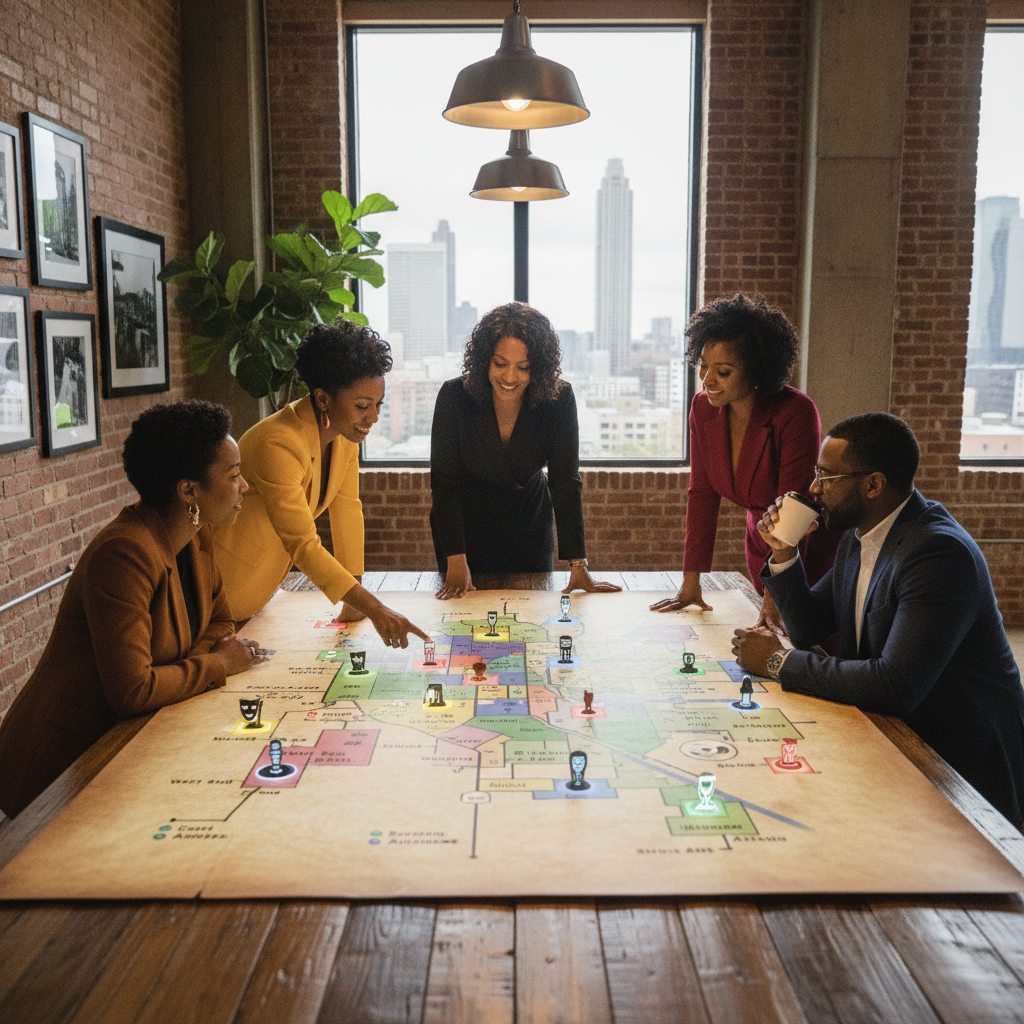 A map of Atlanta highlighting different neighborhoods with icons representing various types of event venues, illustrating the city's diverse venue landscape. Shot on Canon EOS R5, 35mm lens, natural lighting, editorial photography.