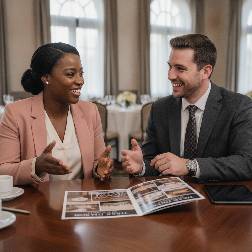 A Black event planner sits across a table from a banquet hall manager, both smiling and engaged in discussion, with a venue brochure open between them. Shot on Canon EOS R5, 35mm lens, natural lighting, editorial photography.