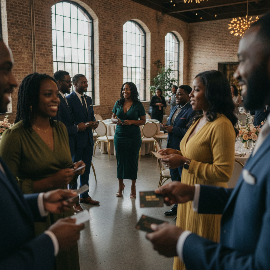 A diverse group of Black event planners and venue owners networking and exchanging business cards at an industry event in a modern Atlanta venue, showcasing community and collaboration. Shot on Canon EOS R5, 35mm lens, natural lighting, editorial photography.