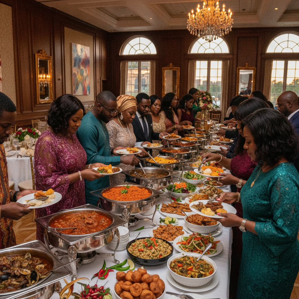 A vibrant, bustling buffet line at a formal event, featuring a diverse group of African American guests in elegant attire serving themselves from an array of beautifully presented Nigerian dishes like Jollof rice, plantains, and various stews. The setting is a grand banquet hall in Atlanta, with warm lighting and tasteful decor. Shot on Canon EOS R5, 35mm lens, natural lighting, editorial photography.