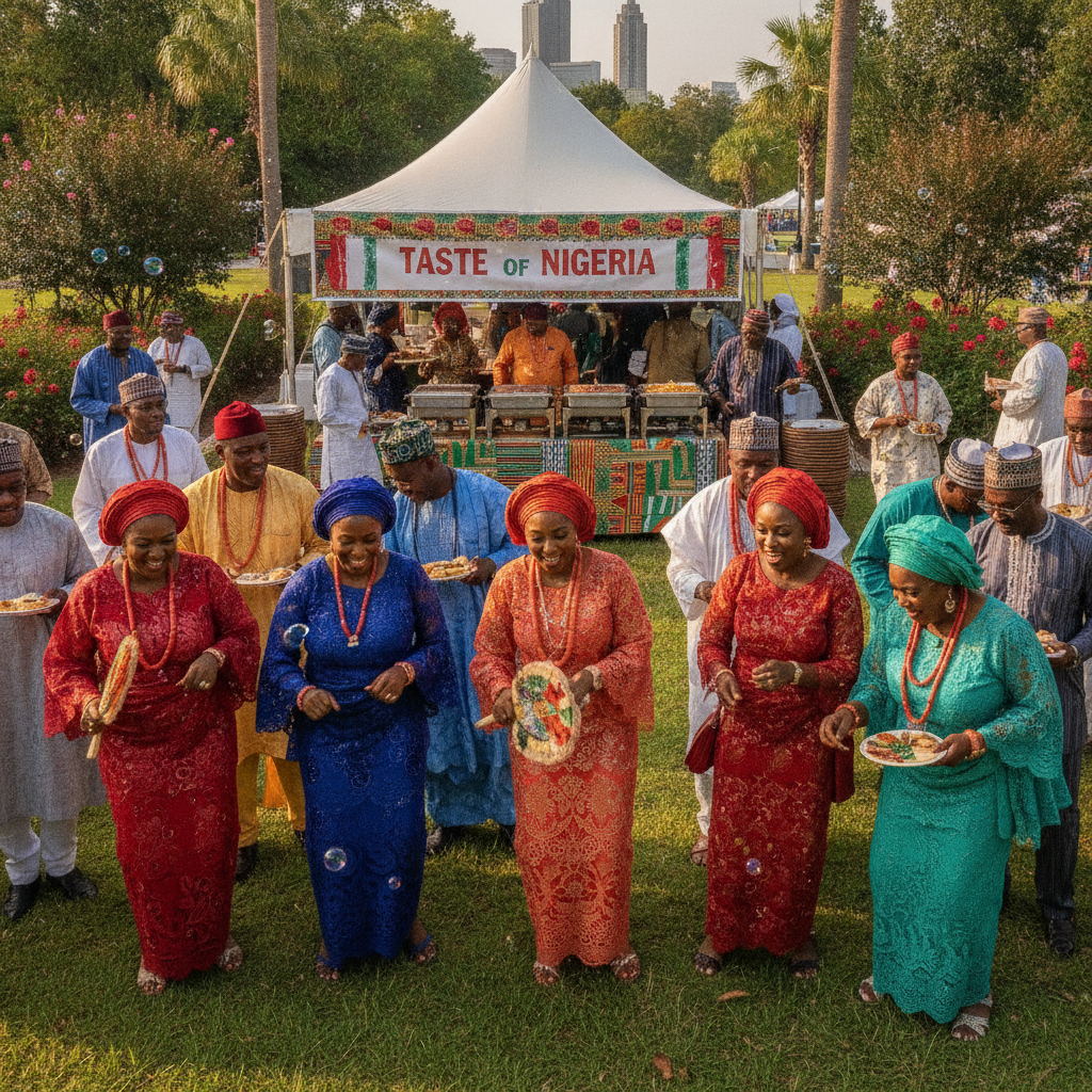 A joyous group of African American guests, dressed in colorful traditional Nigerian attire, dancing and celebrating at an outdoor event in a beautiful Atlanta park, with a Nigerian food station visible in the background under a tent. The atmosphere is festive and lively. Shot on Canon EOS R5, 35mm lens, natural lighting, editorial photography.
