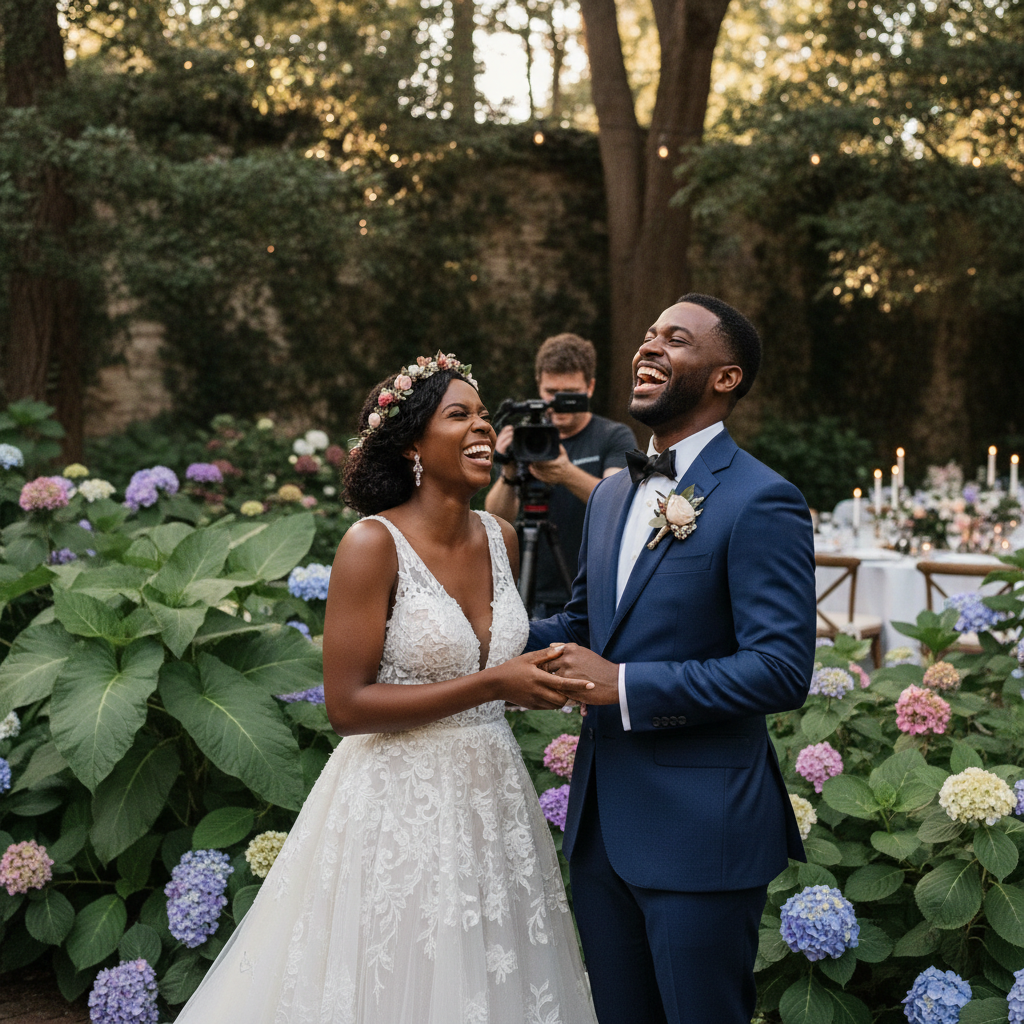 An African American couple, dressed in elegant wedding attire, laughing joyfully as a discreet videographer captures their moment during an outdoor reception in a lush Atlanta garden. Shot on Canon EOS R5, 35mm lens, natural lighting, editorial photography.