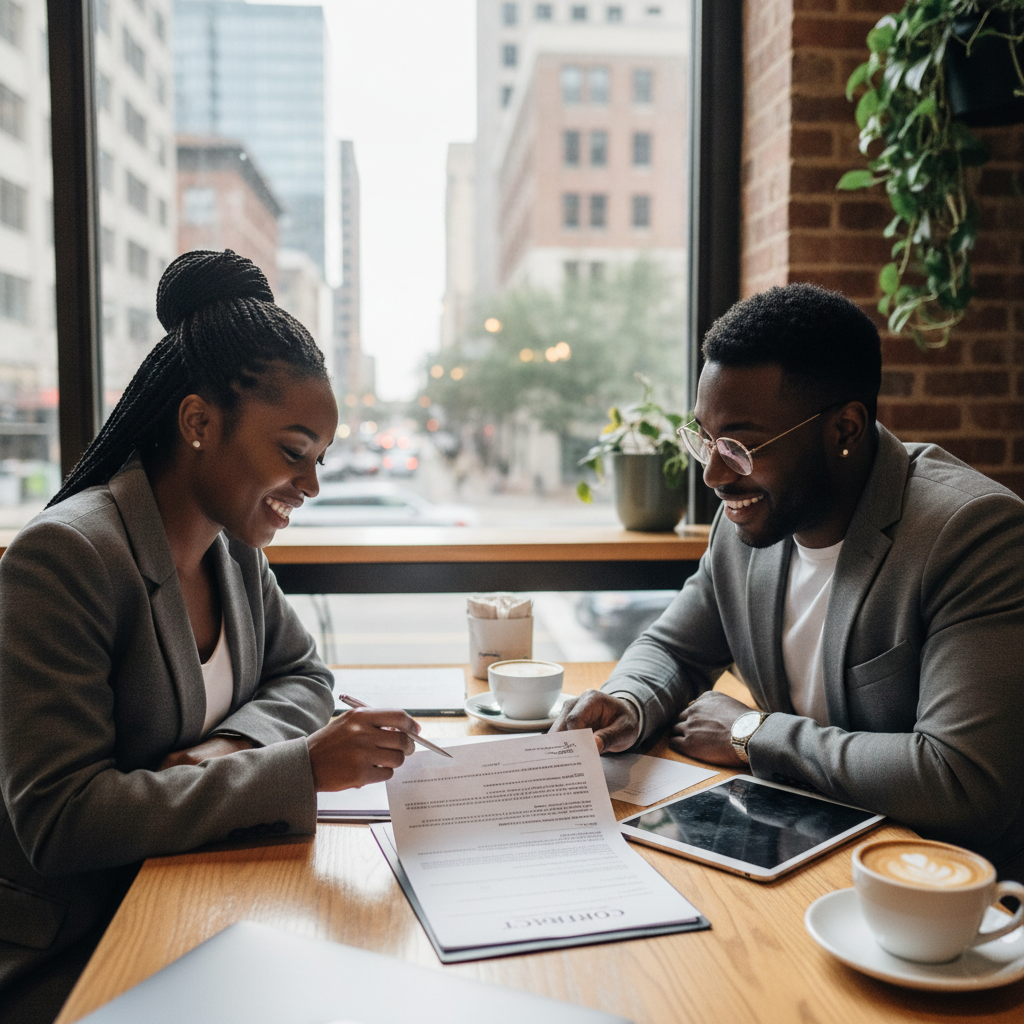 A Black event planner reviews a detailed contract with a friendly African American videographer at a modern cafe in downtown Atlanta, discussing terms and conditions. Shot on Canon EOS R5, 50mm lens, soft natural light, documentary style.
