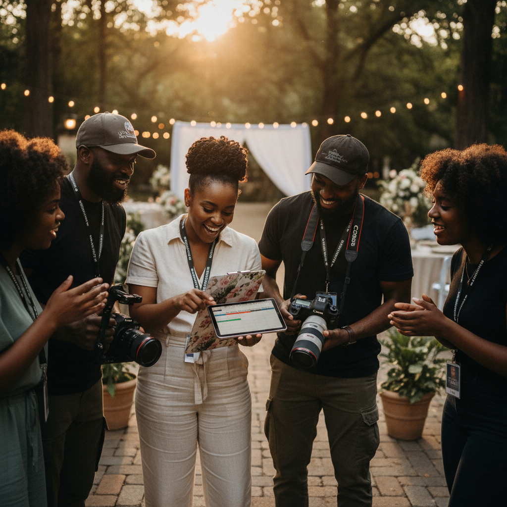 A diverse team of Black event vendors, including a videographer, photographer, and planner, huddle together, smiling and reviewing a timeline on a tablet at an outdoor event space in Atlanta, demonstrating teamwork. Shot on Canon EOS R5, 85mm lens, golden hour lighting, candid editorial.