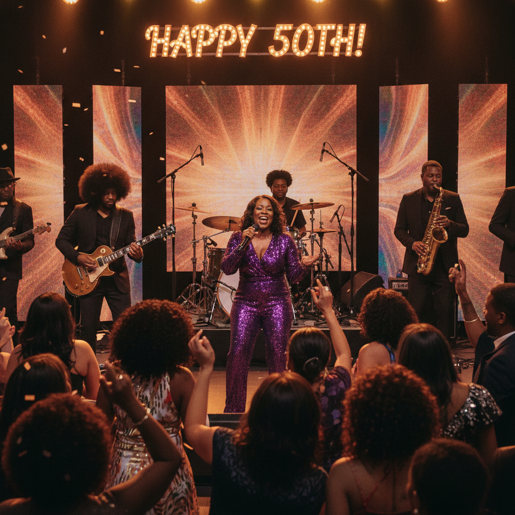 An energetic African American funk band performing on a brightly lit stage at a milestone birthday party in Atlanta, the lead singer in a sequined outfit, with guests dancing and cheering in the foreground. Shot on Canon EOS R5, 35mm lens, natural lighting, editorial photography.