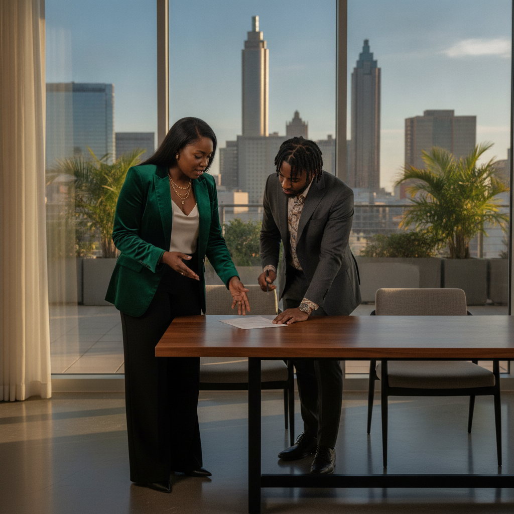 An African American event planner in a stylish blazer, reviewing a contract with a band leader in a modern, well-lit Atlanta event space, a large window showing the city skyline in the background. Shot on Canon EOS R5, 35mm lens, natural lighting, editorial photography.