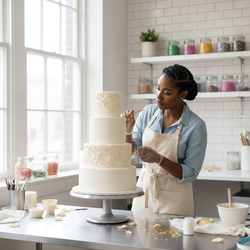 A skilled African American female cake designer meticulously applying intricate gold detailing to a white multi-tiered wedding cake in her bright, modern Atlanta studio, shot on Canon EOS R5, 35mm lens, natural lighting, editorial photography.