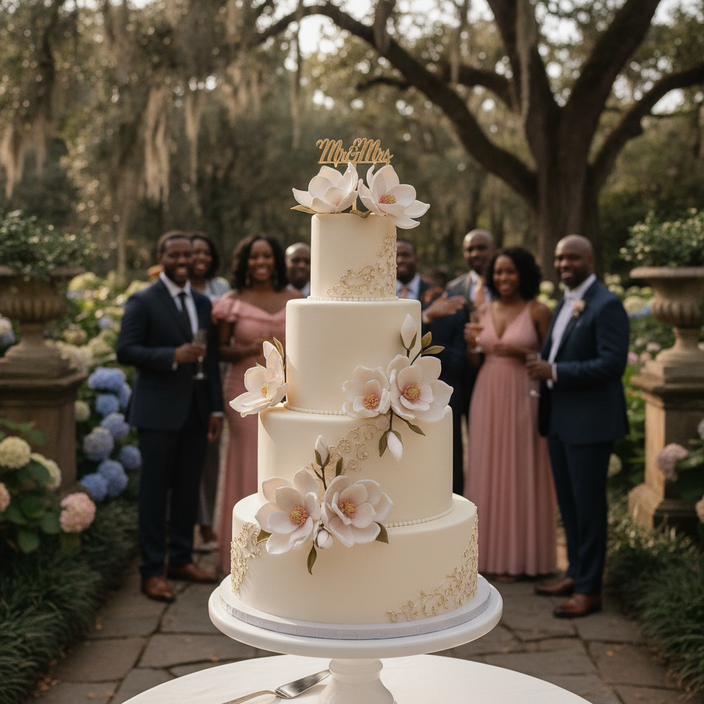 A stunning three-tiered wedding cake, adorned with edible sugar magnolias and subtle gold accents, displayed elegantly on a pedestal at an outdoor wedding reception in a historic Atlanta garden, with a diverse group of African American guests admiring it in the background. Shot on Canon EOS R5, 35mm lens, natural lighting, editorial photography.