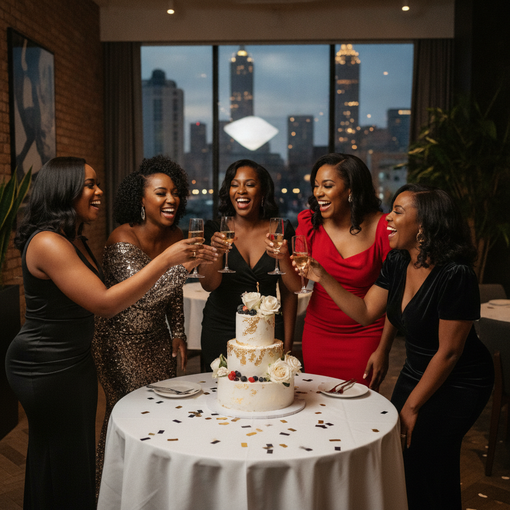 A group of elegantly dressed African American women laughing and toasting around a beautifully decorated birthday cake at a chic restaurant in Atlanta's vibrant Midtown neighborhood. Shot on Canon EOS R5, 35mm lens, natural lighting, editorial photography.