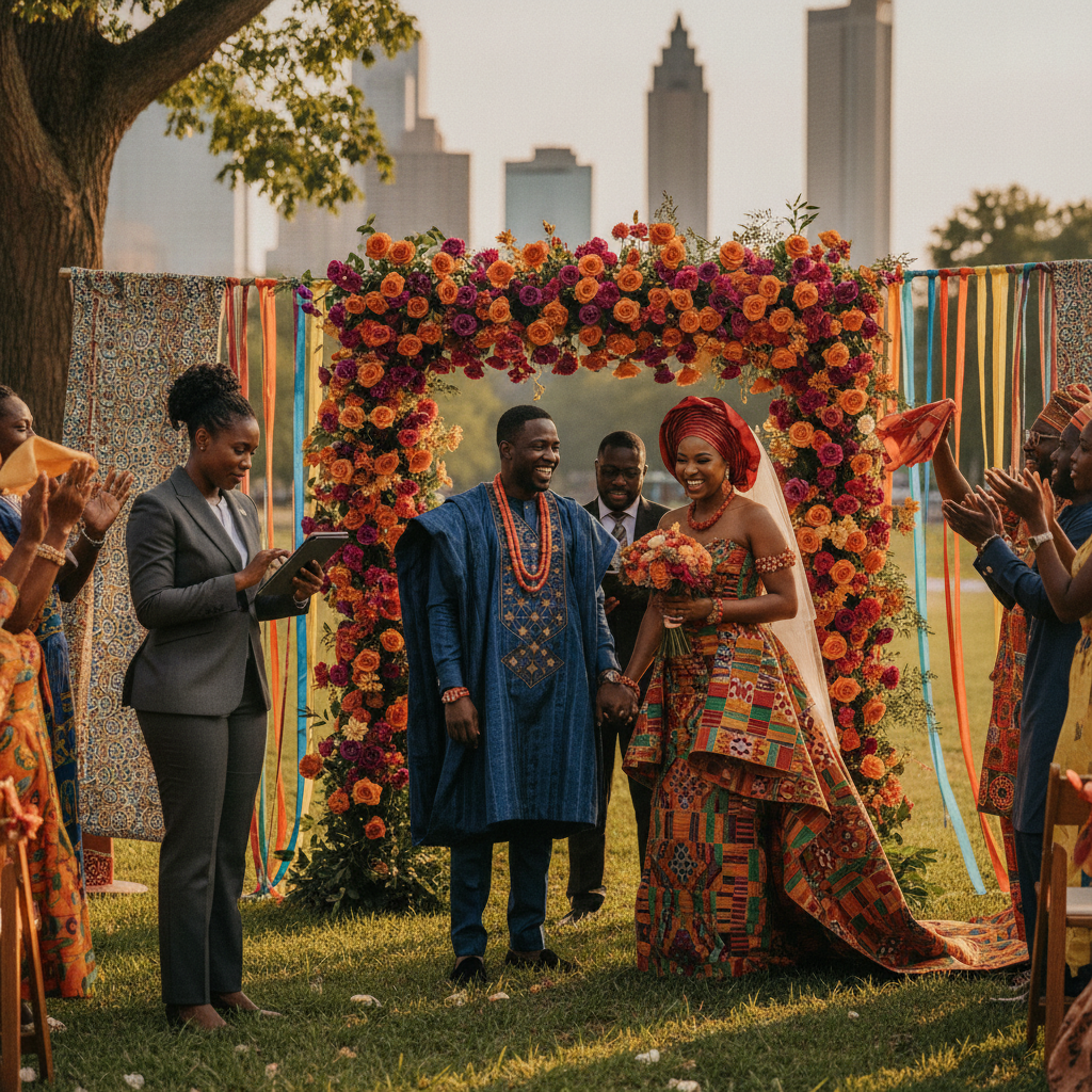 A vibrant outdoor African wedding ceremony in Atlanta's Piedmont Park, with a Black day-of coordinator discreetly checking a timeline on a tablet, while a joyful Black couple in traditional attire exchanges vows under a floral arch. Shot on Canon EOS R5, 35mm lens, natural lighting, editorial photography.