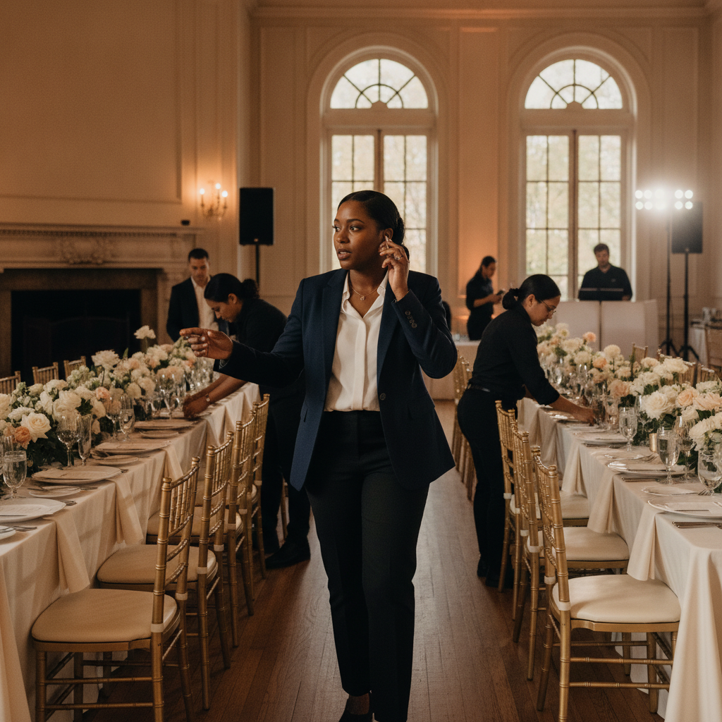 A Black day-of coordinator, dressed professionally, is seen in a bustling Atlanta wedding reception venue, discreetly speaking into an earpiece while overseeing final table settings before guests arrive. Shot on Canon EOS R5, 35mm lens, natural lighting, editorial photography.
