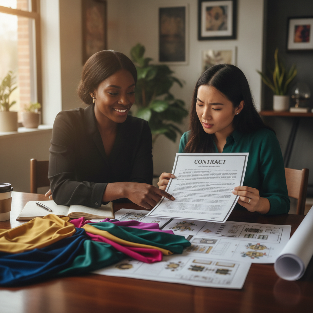 A close-up shot of an African American event planner and a client reviewing a detailed contract, with vibrant fabric swatches and design sketches spread across a polished wooden table. Shot on Canon EOS R5, 35mm lens, natural lighting, editorial photography.