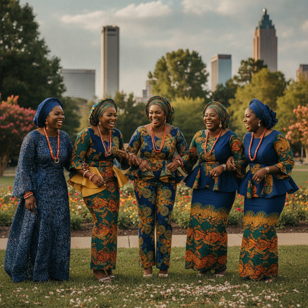 A group of elegantly dressed African American women, adorned in vibrant, coordinated aso-ebi attire, laughing and posing together at a lively outdoor event in an Atlanta park, with blurred greenery and city skyline in the background. Shot on Canon EOS R5, 35mm lens, natural lighting, editorial photography.