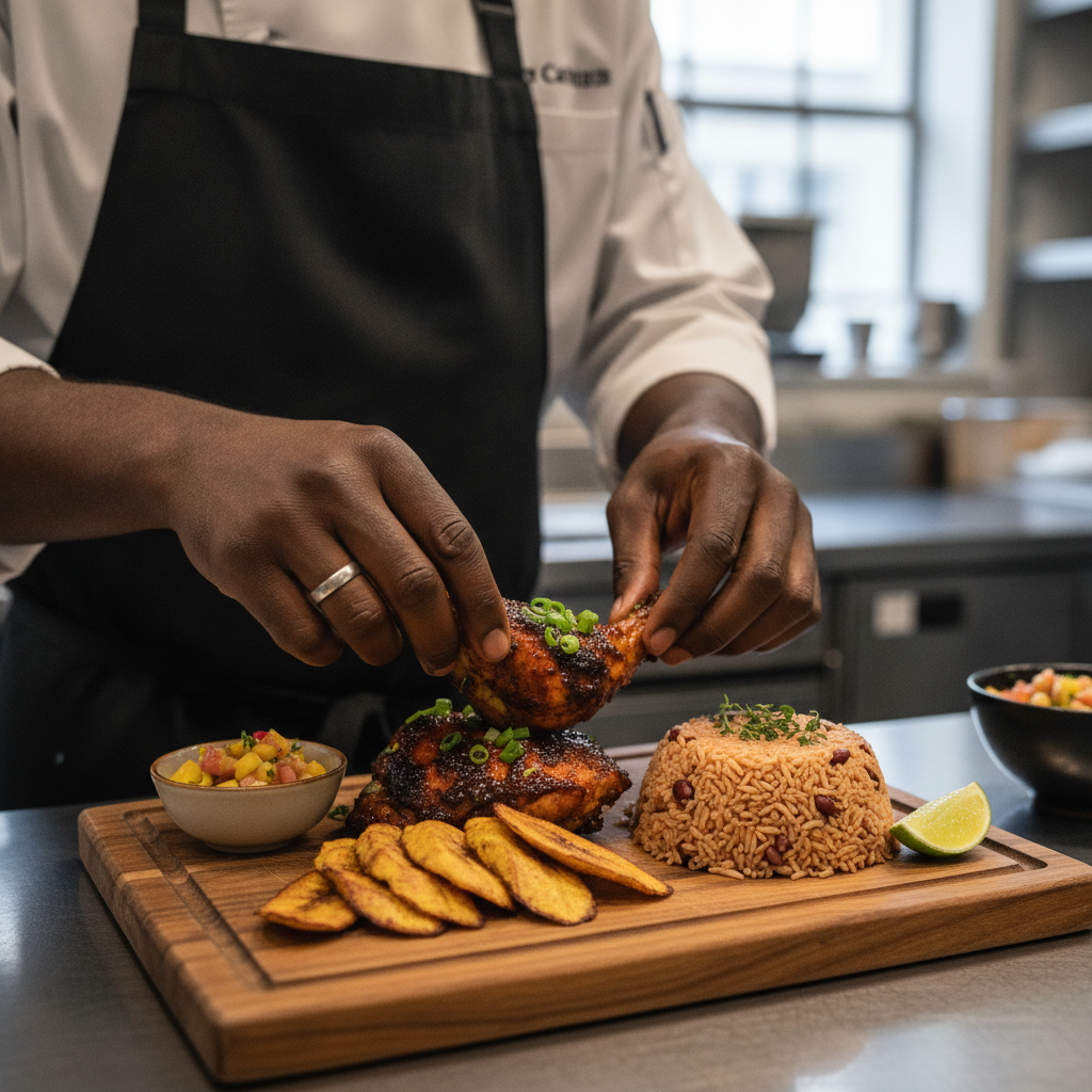 A vibrant, close-up shot of a Black chef's hands meticulously arranging a platter of colorful Caribbean food, including jerk chicken, rice and peas, and fried plantains, in a professional kitchen setting.