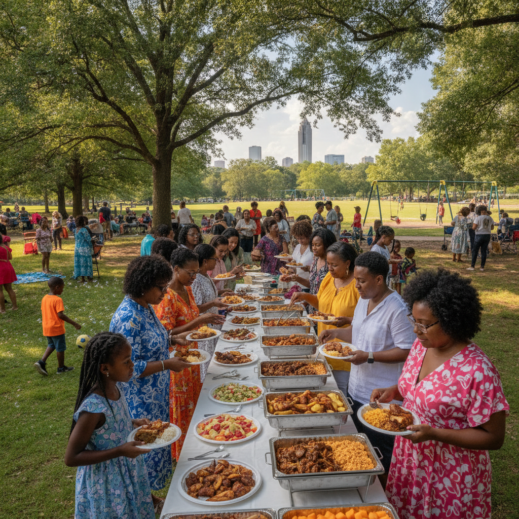 A lively outdoor celebration in an Atlanta park, with diverse African American families enjoying a casual buffet line of Caribbean food. Children are playing nearby, and adults are laughing and socializing.