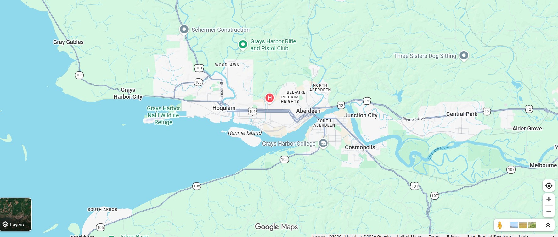 Map showing Fine Lines Painting service area around Aberdeen, Washington