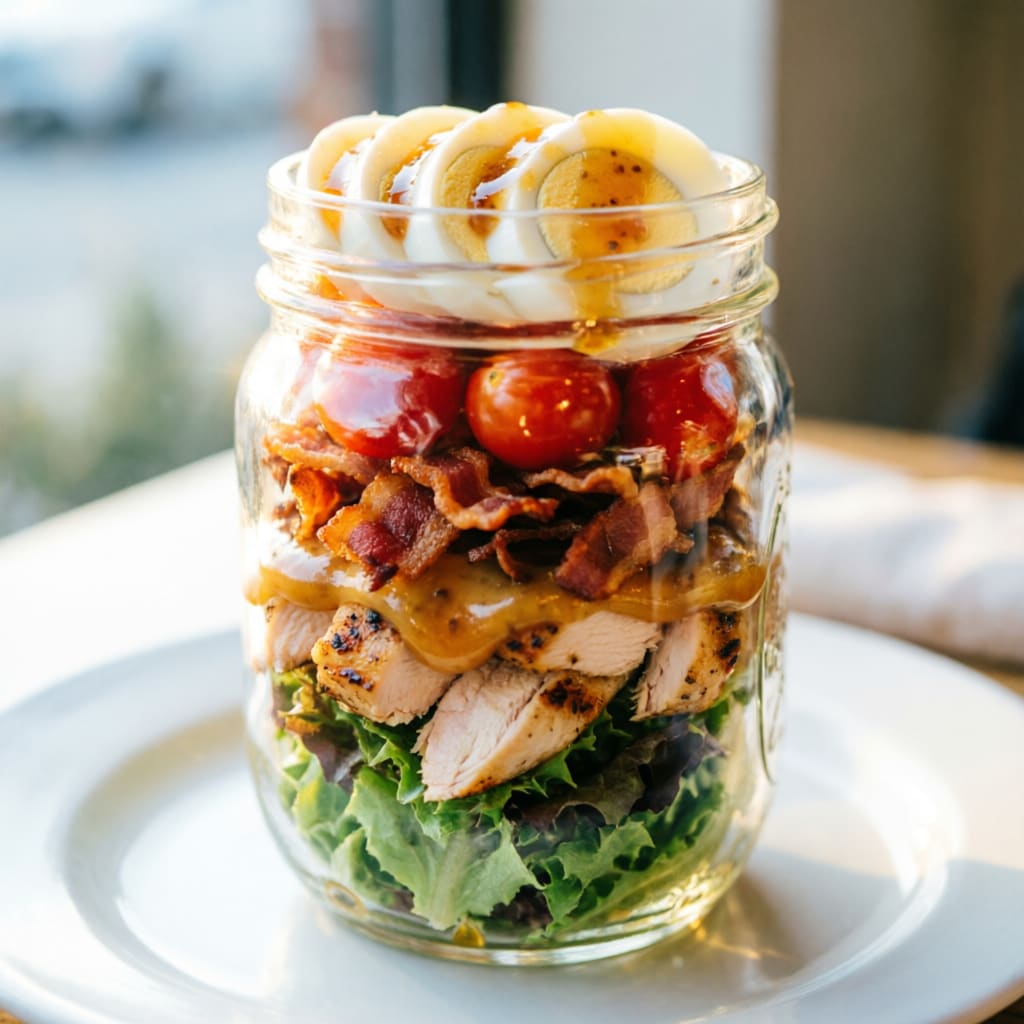 Honey Mustard Chicken Salad jar with bacon bits, hard boiled eggs, and mixed greens