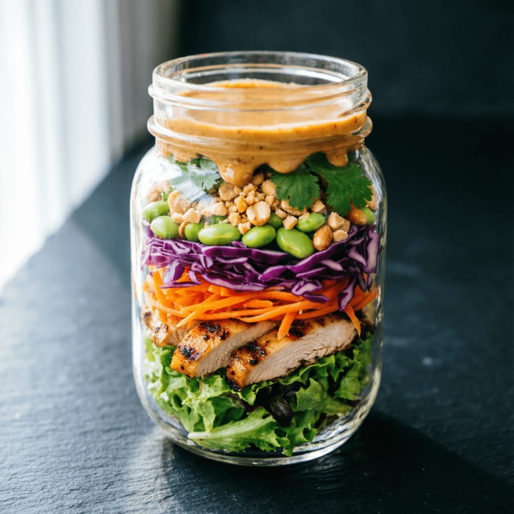 Thai Peanut Chicken Salad jar with shredded carrots, cabbage, edamame, and peanut sauce