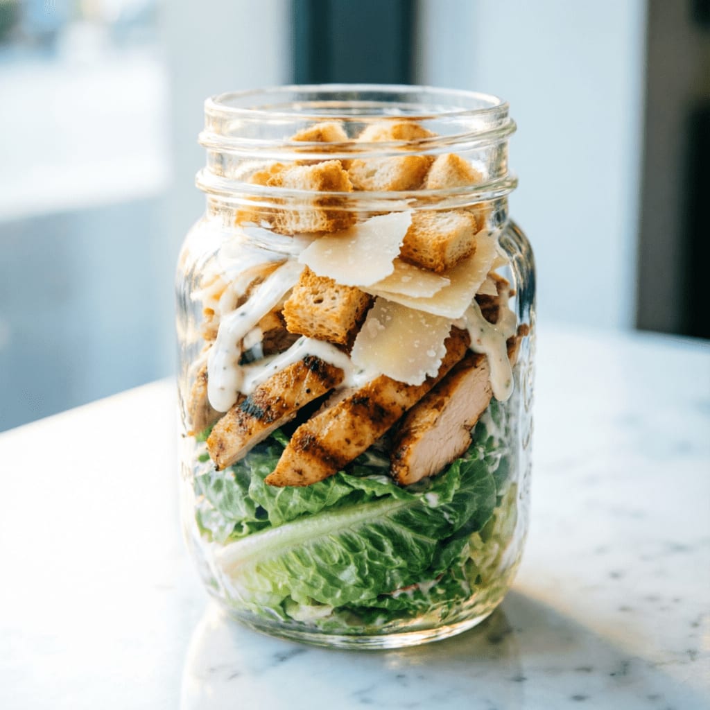 Caesar Chicken Salad jar with parmesan, croutons, romaine, and classic caesar dressing