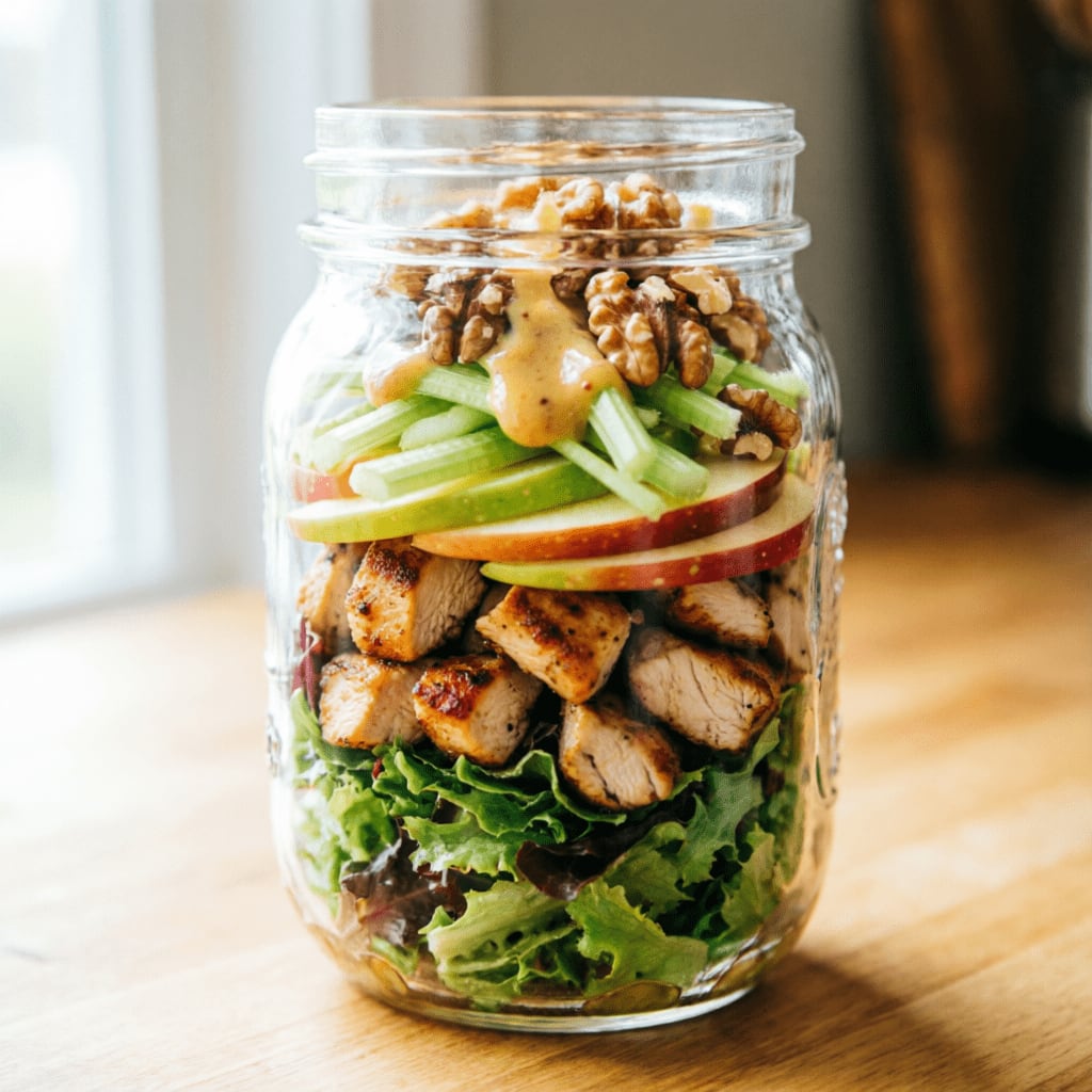 Apple Chicken Salad jar with walnuts, crisp greens, and honey mustard dressing
