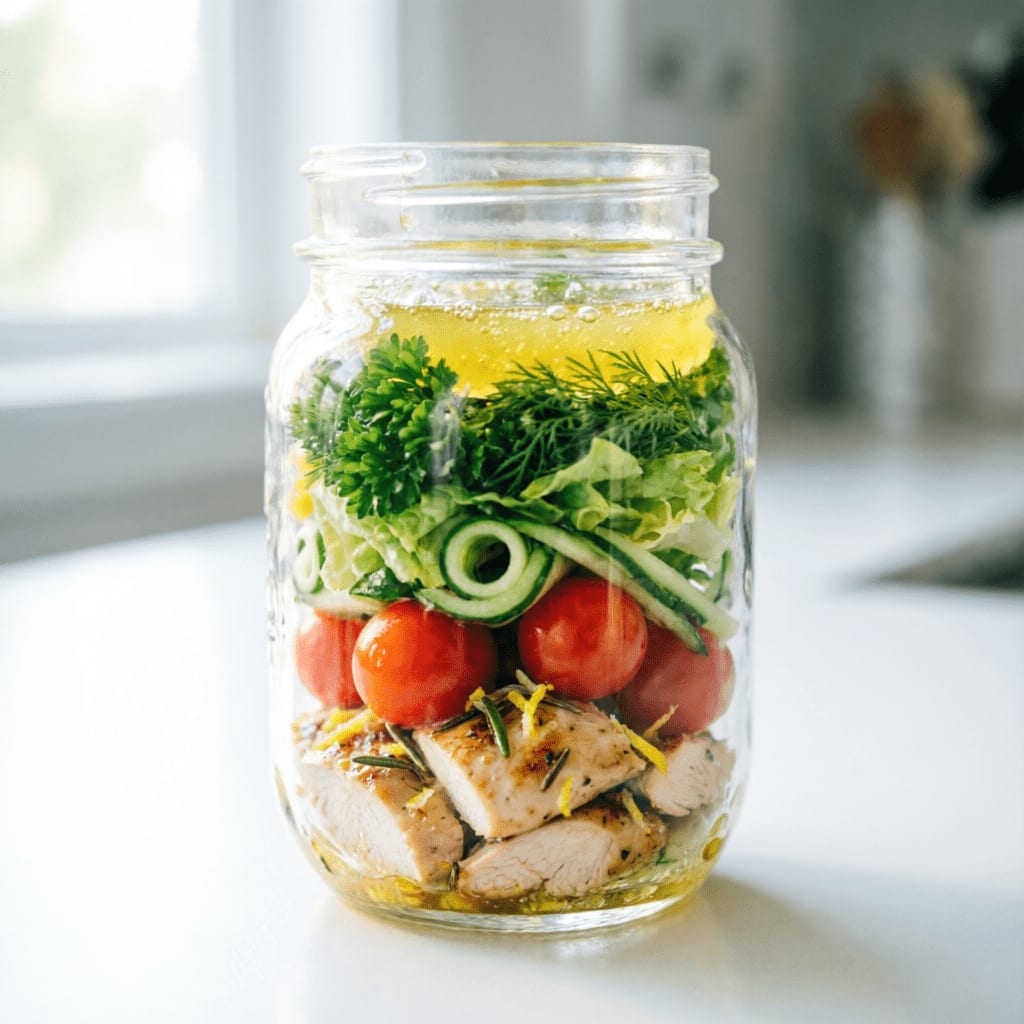 Lemon Herb Chicken Salad jar with cucumber ribbons, fresh dill, and bright vinaigrette