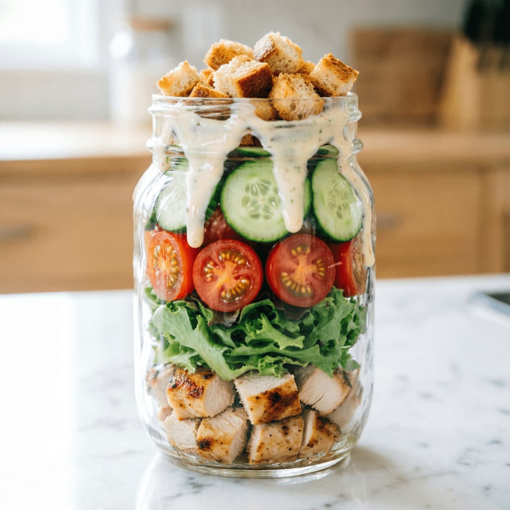 Classic Chicken Salad Jar with fresh greens, tomatoes, and ranch dressing layered in a glass container