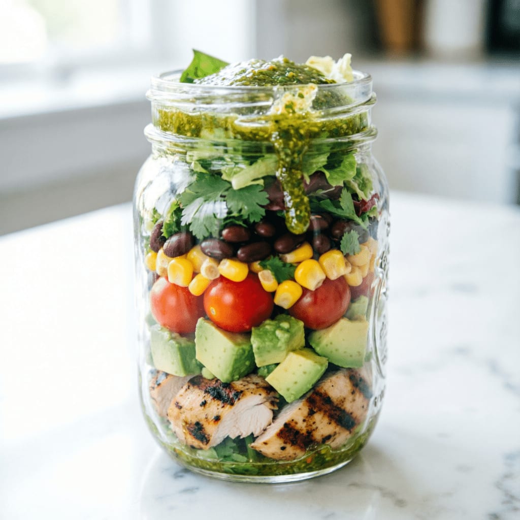 Avocado Chicken Salad jar with corn, black beans, and fresh cilantro lime dressing
