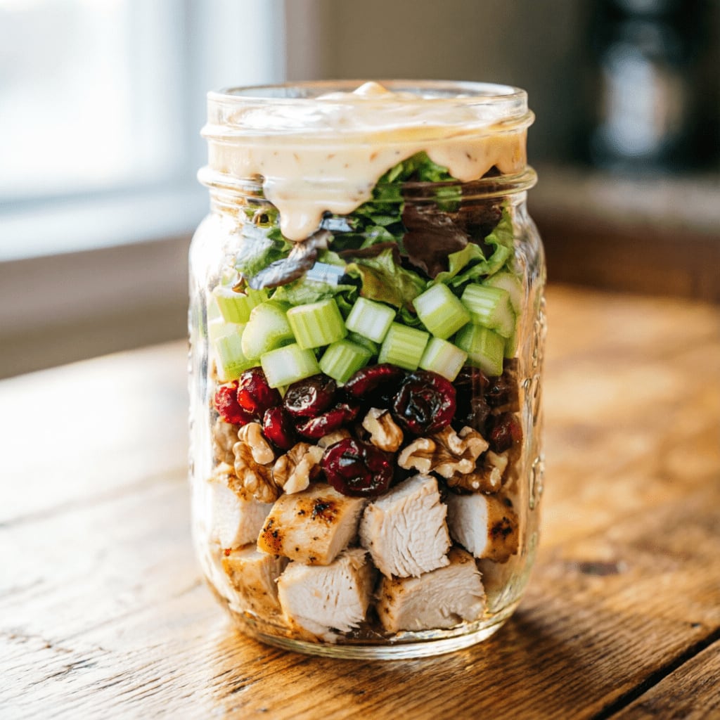 Cranberry Walnut Chicken Salad jar with dried fruit, nuts, and leafy greens