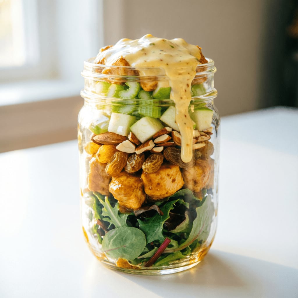 Curry Chicken Salad jar with golden raisins, almonds, and creamy curry dressing