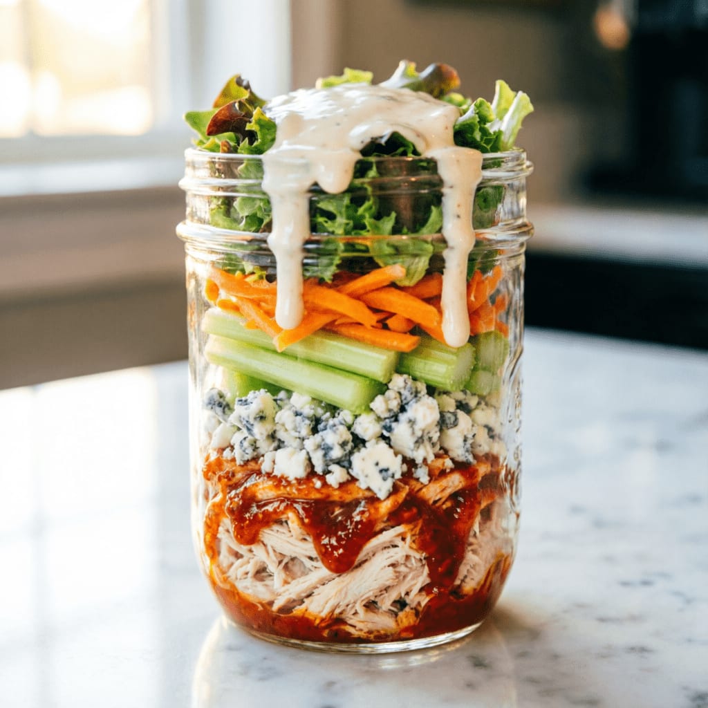 Buffalo Chicken Salad jar with blue cheese, carrots, and spicy buffalo sauce