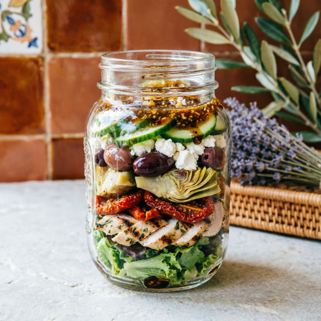 Mediterranean Chicken Salad jar with sun-dried tomatoes, artichokes, and balsamic herb dressing