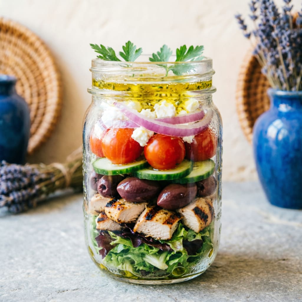 Greek Chicken Salad jar with feta cheese, olives, cucumbers, and lemon dressing