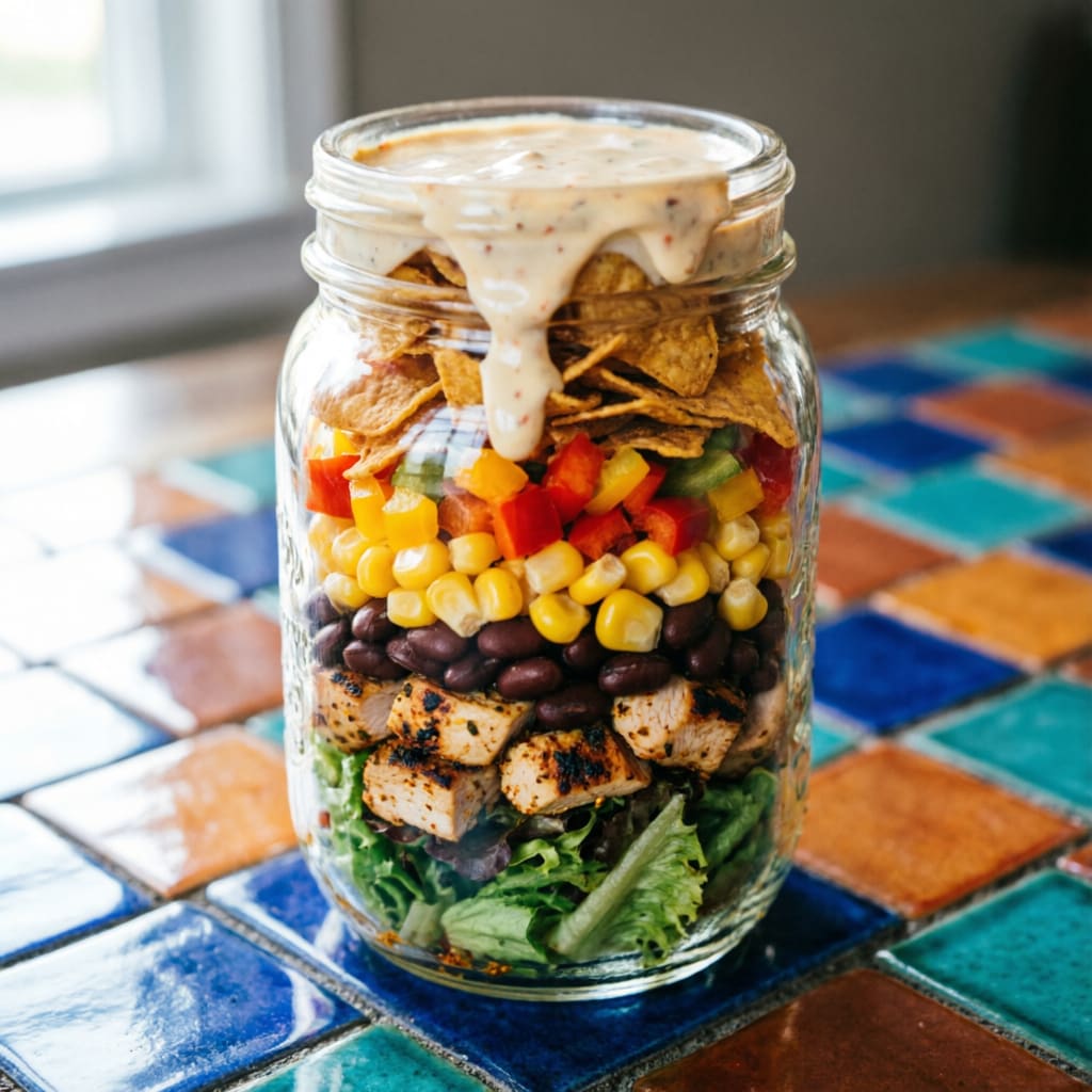 Southwest Chicken Salad jar with colorful bell peppers, beans, and chipotle dressing