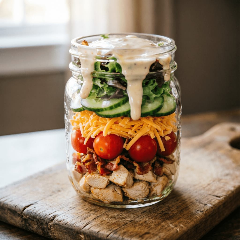 Ranch Chicken Salad jar with shredded cheese, bacon, and creamy dressing